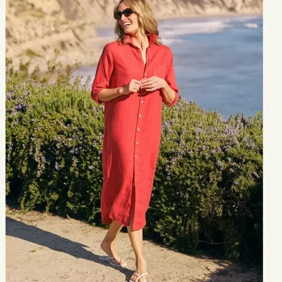 Frank & Eileen Rory Maxi Shirtdress Washed Italian Linen Summer Red Size Large - Picture 7 of 14